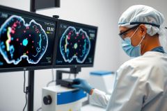 Medical professional examining MRI scans of a brain in a lab setting. The image highlights diagnostic technology, healthcare, and neurological research with a focus on detail and precision.