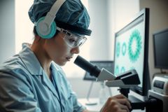Scientist examines a microscope slide in a lab. Wearing a lab coat and safety glasses, she focuses on research. The bright environment shows scientific equipment and a computer screen.
