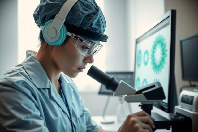 Scientist examines a microscope slide in a lab. Wearing a lab coat and safety glasses, she focuses on research. The bright environment shows scientific equipment and a computer screen.