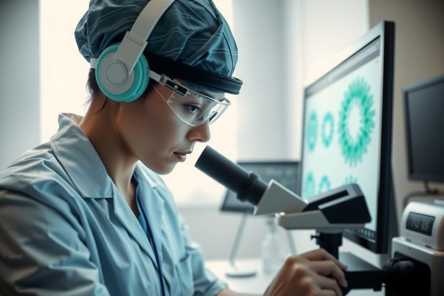 Scientist examines a microscope slide in a lab. Wearing a lab coat and safety glasses, she focuses on research. The bright environment shows scientific equipment and a computer screen.