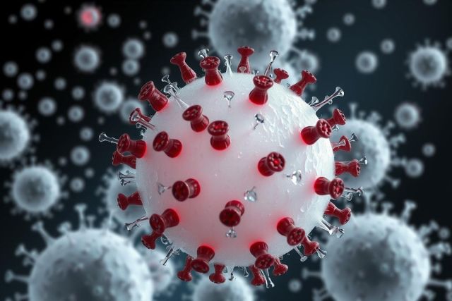 The image depicts a microscopic view of a virus particle, which has a spherical shape with several spikes protruding from its surface. The virus is set against a backdrop that shows multiple smaller viruses in the background, implying an infectious outbreak or pandemic context.