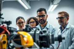 Four scientists in lab coats and glasses examine complex machinery in a modern, brightly lit laboratory. The equipment features yellow and black components. Focus is on research, engineering, and scientific innovation in a professional setting.