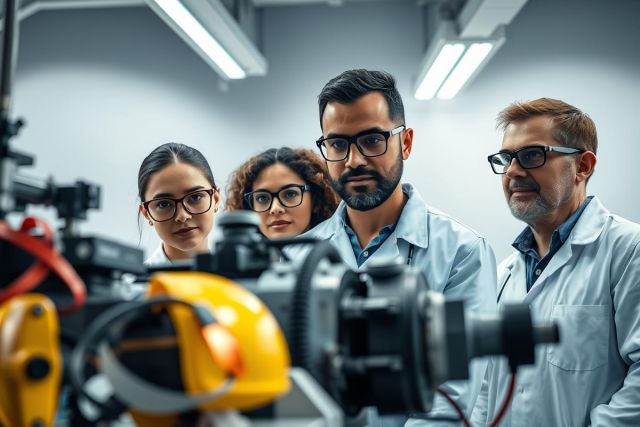 Four scientists in lab coats and glasses examine complex machinery in a modern, brightly lit laboratory. The equipment features yellow and black components. Focus is on research, engineering, and scientific innovation in a professional setting.