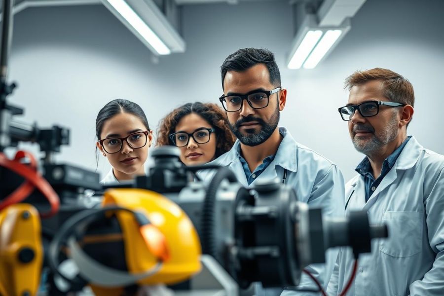 Four scientists in lab coats and glasses examine complex machinery in a modern, brightly lit laboratory. The equipment features yellow and black components. Focus is on research, engineering, and scientific innovation in a professional setting.