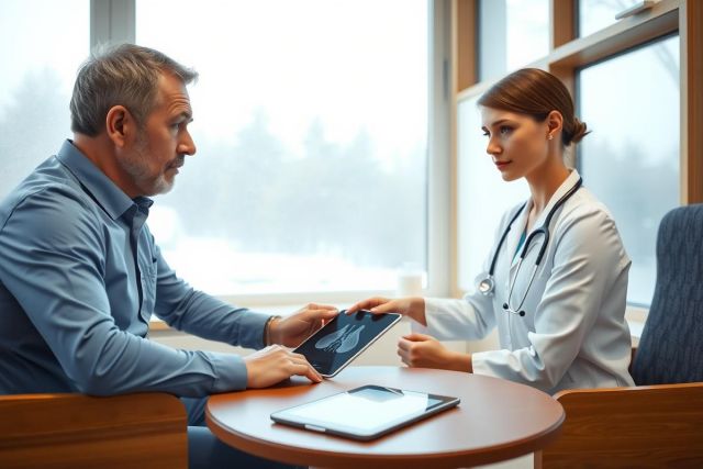 Doctor examining patient with tablet, medical consultation, healthcare setting, white coat, discussing diagnosis, medical professional, patient care, clinical environment, focus on well-being.