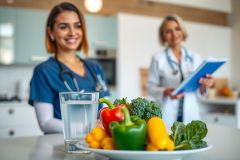 Healthcare professionals examining a plate of colorful vegetables, including bell peppers and broccoli, likely discussing nutrition or dietary plans. The scene suggests a focus on healthy eating and wellness.