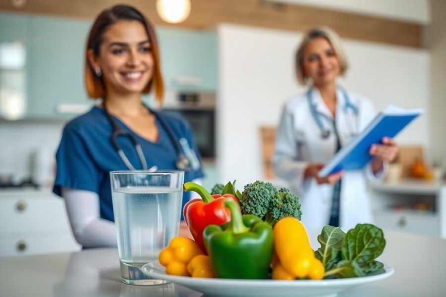 Healthcare professionals examining a plate of colorful vegetables, including bell peppers and broccoli, likely discussing nutrition or dietary plans. The scene suggests a focus on healthy eating and wellness.