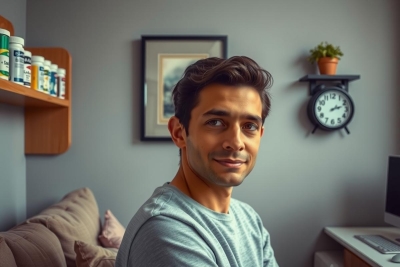 This is a photograph of a man seated at a desk in what appears to be an indoor office setting. The man has short hair, is looking directly at the camera with a slight smile, and is wearing casual attire consisting of a t-shirt.