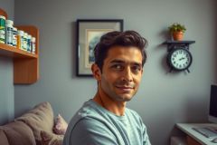 This is a photograph of a man seated at a desk in what appears to be an indoor office setting. The man has short hair, is looking directly at the camera with a slight smile, and is wearing casual attire consisting of a t-shirt.