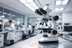 Microscope in a modern laboratory setting. Researchers in white coats work in the background. The image showcases scientific research, laboratory equipment, and a bright, clean environment. Focus is on the microscope and lab activity.