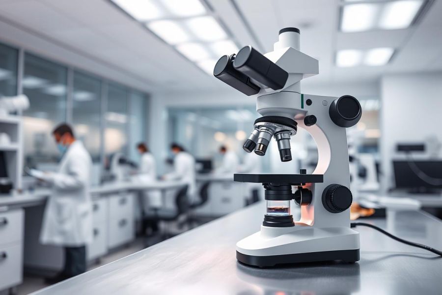 Microscope in a modern laboratory setting. Researchers in white coats work in the background. The image showcases scientific research, laboratory equipment, and a bright, clean environment. Focus is on the microscope and lab activity.