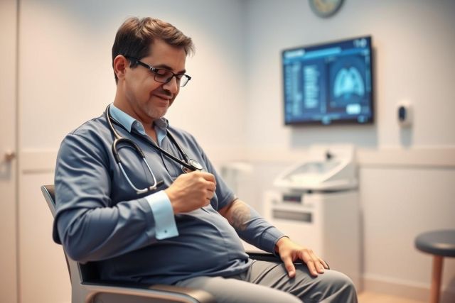 Doctor in a medical office examining himself with a stethoscope. The scene features a blue-toned environment with medical imaging displayed on a screen, suggesting a health checkup or diagnostic assessment. Professional healthcare setting.