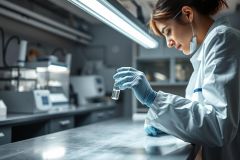 Scientist in a modern lab examining a test tube. She wears a white lab coat and blue gloves, focused on the liquid sample. The sterile environment features stainless steel surfaces and scientific equipment, illuminated by bright overhead lighting. Science, research, and laboratory setting.