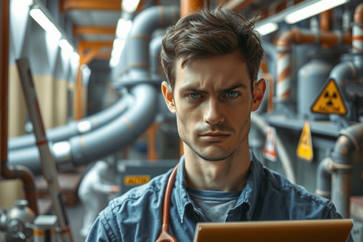 The image features a young man with short dark hair in a workshop environment. He is wearing a denim shirt and appears to be in focus, while the background includes industrial elements such as pipes and metal structures.