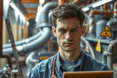 The image features a young man with short dark hair in a workshop environment. He is wearing a denim shirt and appears to be in focus, while the background includes industrial elements such as pipes and metal structures.