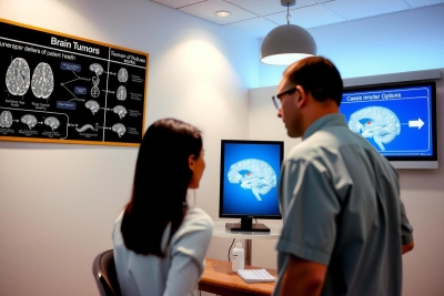 The image shows two individuals, likely in a scientific or medical setting. They are standing close to each other, looking at diagrams and brain scans on the wall behind them.