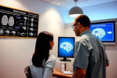 The image shows two individuals, likely in a scientific or medical setting. They are standing close to each other, looking at diagrams and brain scans on the wall behind them.
