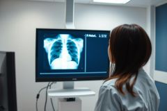 Medical professional examining a chest X-ray on a monitor in a clinical setting. Blue and white color scheme. Focus on diagnostic imaging and healthcare technology. Radiology image analysis.