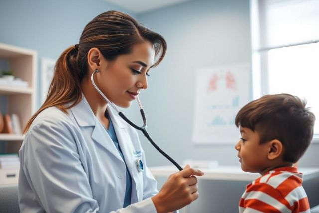 A female doctor in a white coat examines a young boy with a stethoscope in a bright, modern medical clinic. The scene depicts a pediatric check-up, showcasing healthcare and child wellness.