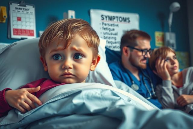 The image shows a hospital setting with several individuals, including a young child lying in a hospital bed. The child appears concerned or worried while looking up at an adult male figure who is wearing medical attire and holding the child's hand reassuringly. There are two other adults sitting next to the child; one female and another male wearing glasses, also dressed in medical garb. 