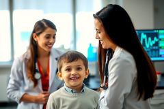 The image depicts a medical office environment where two healthcare professionals are interacting with a young child. The focus is on the child, who appears to be smiling and looking at one of the doctors.