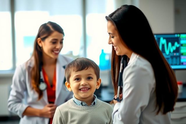 The image depicts a medical office environment where two healthcare professionals are interacting with a young child. The focus is on the child, who appears to be smiling and looking at one of the doctors.