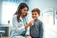 A smiling female doctor in a white coat examines a young boy during a pediatric checkup in a bright, modern clinic. The scene conveys healthcare, child wellness, and a positive doctor-patient relationship. An asthma action plan is visible in the background.