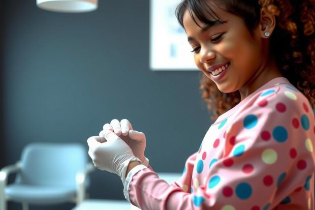 A person wearing pink and white polka dot clothes and white gloves, possibly a healthcare worker, smiles while standing in a room with blue chairs and a dark background. The image conveys a friendly and approachable atmosphere.