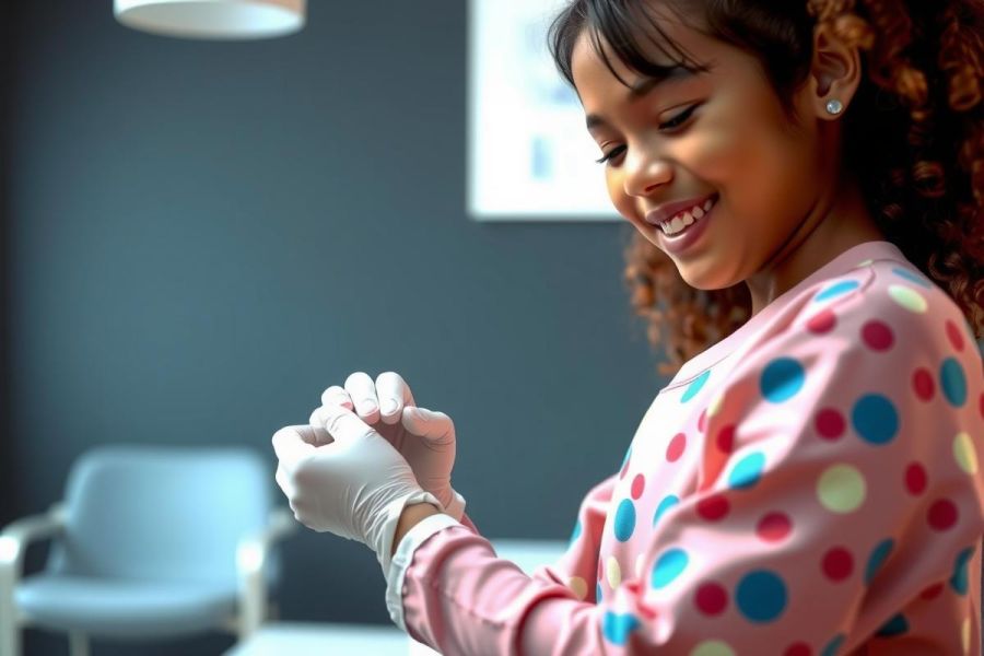 A person wearing pink and white polka dot clothes and white gloves, possibly a healthcare worker, smiles while standing in a room with blue chairs and a dark background. The image conveys a friendly and approachable atmosphere.