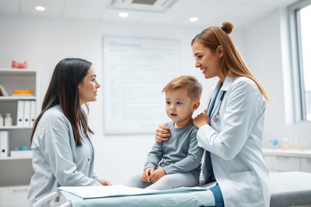 Doctor consults with a mother and young child in a bright, modern medical clinic. The scene features a caring doctor, a concerned mother, and a child, showcasing a healthcare setting with white walls and a focus on pediatric care. Warm and professional atmosphere.