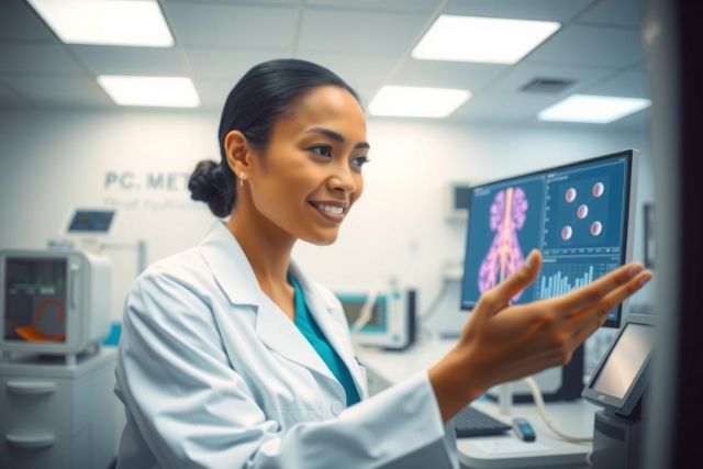 Doctor examining a medical scan in a modern clinic. Focus on diagnostic imaging and healthcare technology. White lab coat, bright, clinical environment.