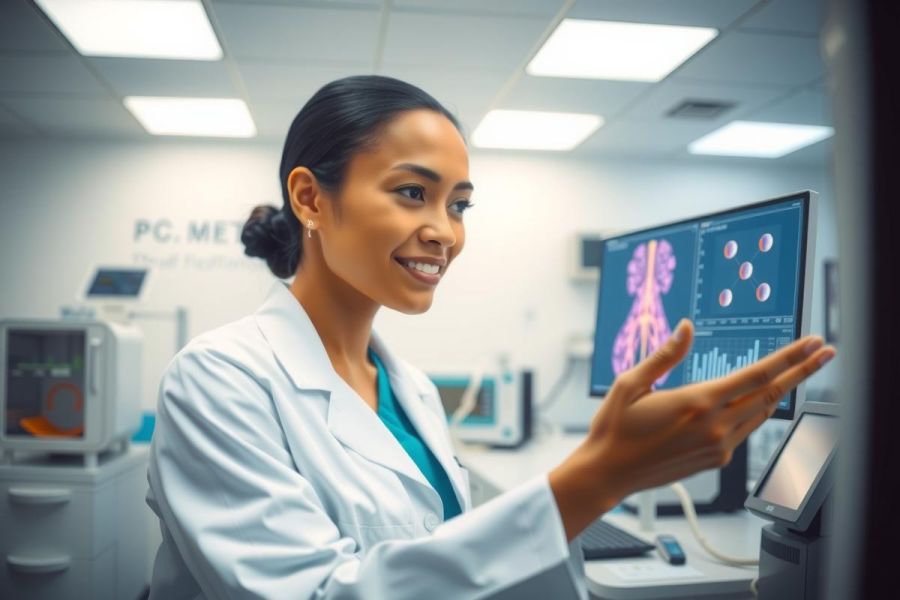 Doctor examining a medical scan in a modern clinic. Focus on diagnostic imaging and healthcare technology. White lab coat, bright, clinical environment.