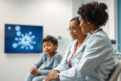 Doctor consults with a young boy in a modern medical office. A screen displays a virus graphic. Image depicts healthcare, child health, and medical consultation in a bright, clean environment. Focus on trust and care.