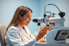 Optometrist examining a patient's eye with diagnostic equipment in a modern clinic. Focused healthcare scene with a female doctor and a light blue background. Eye care, vision test, and medical examination imagery.