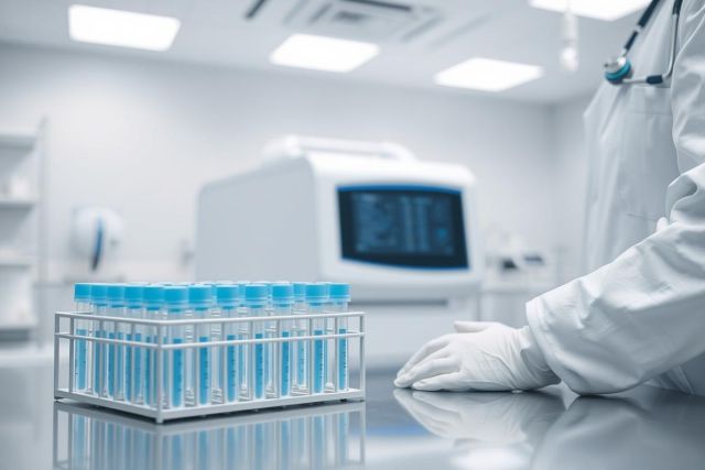 Laboratory scene featuring test tubes filled with blue liquid, a medical analyzer, and a scientist in a white coat. Focus on scientific research, medical diagnostics, and lab equipment in a clean, modern environment. Blue and white color scheme conveys sterility and precision.