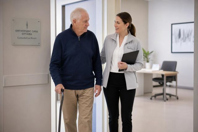 Older patient with cane walking with orthopedic clinician in consultation room, discussing upcoming care.