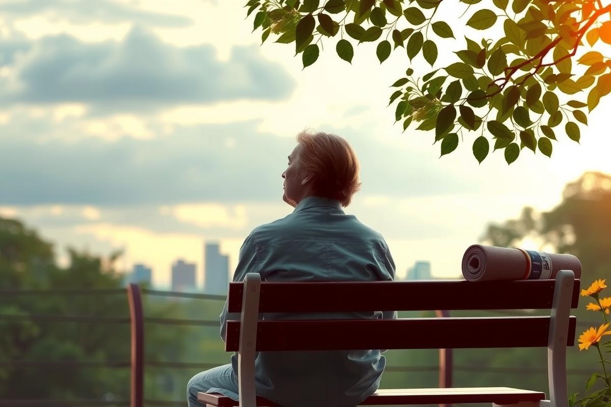 A man sitting alone on a park bench during a sunset, looking out towards the city skyline. The scene is calm and serene with warm colors indicating either dawn or dusk.