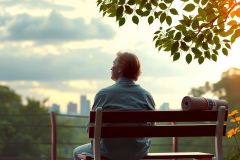 A man sitting alone on a park bench during a sunset, looking out towards the city skyline. The scene is calm and serene with warm colors indicating either dawn or dusk.