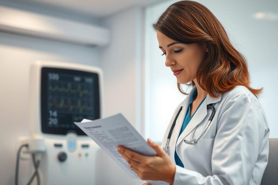 Female doctor in a modern medical office reviewing patient records. She wears a white coat and stethoscope, with a heart monitor visible in the background. Healthcare professional, medical examination, clinical setting, patient care.