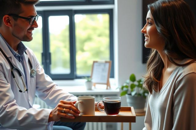 Doctor and patient consultation in a bright, modern clinic setting. A caring doctor speaks with a female patient while holding a tray with drinks. Focus on healthcare, medical consultation, and patient care.