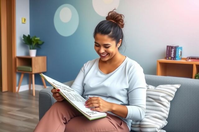The image shows a woman sitting on a couch, smiling and holding an open book. The environment appears to be a modern living room with light-colored walls and furniture.