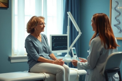 The image depicts an indoor medical setting with a woman seated on an examination table. She appears to be in her senior years and is dressed in casual clothing.