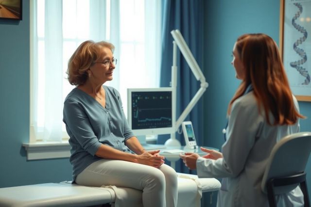 The image depicts an indoor medical setting with a woman seated on an examination table. She appears to be in her senior years and is dressed in casual clothing.