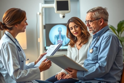 Three medical professionals, two women and a man, are engaged in what appears to be a collaborative discussion or consultation regarding patient healthcare. They are seated around a desk with medical equipment visible in the background, such as a C-arm and a CT scan machine.