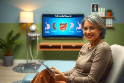 The image depicts a woman sitting comfortably in her living room with a tablet on her lap. She is smiling at the camera, suggesting that she might be working from home or engaged in an online consultation.