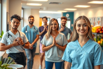 Healthcare professionals, likely doctors and nurses, posing for a photo in an office setting. They are dressed in medical uniforms and appear to be smiling at the camera.