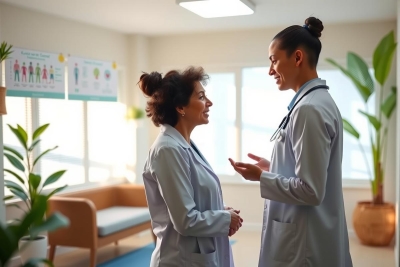 The image shows a professional setting with two doctors dressed in medical attire. They are engaged in a conversation, possibly discussing a patient's case or collaborating on treatment. The environment appears to be an office or waiting room within a healthcare facility, indicated by the presence of framed educational posters and the relaxed atmosphere.