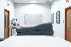 Medical examination room with black patient examination table, white walls, and wooden doors. A clipboard and other medical equipment are visible in the background.