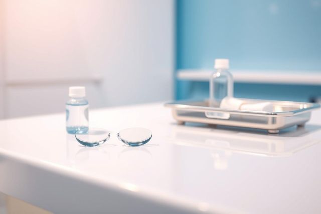 Close-up of contact lenses and cleaning solution on a white surface. A stainless steel tray with more solution and wipes is visible in a bright, clean medical or optometry setting. Blue and white color scheme suggests eye care and hygiene.