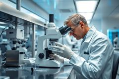 Scientist using a microscope in a modern laboratory. The image shows a man in a white lab coat and gloves, focused on research within a clean, bright science environment. Blue and white tones dominate the scene, highlighting the scientific setting and equipment.